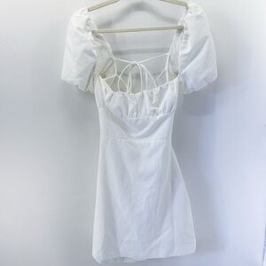 Zara White Puff Sleeve Square Neck Lace Back Mini Dress Small Linen Blend